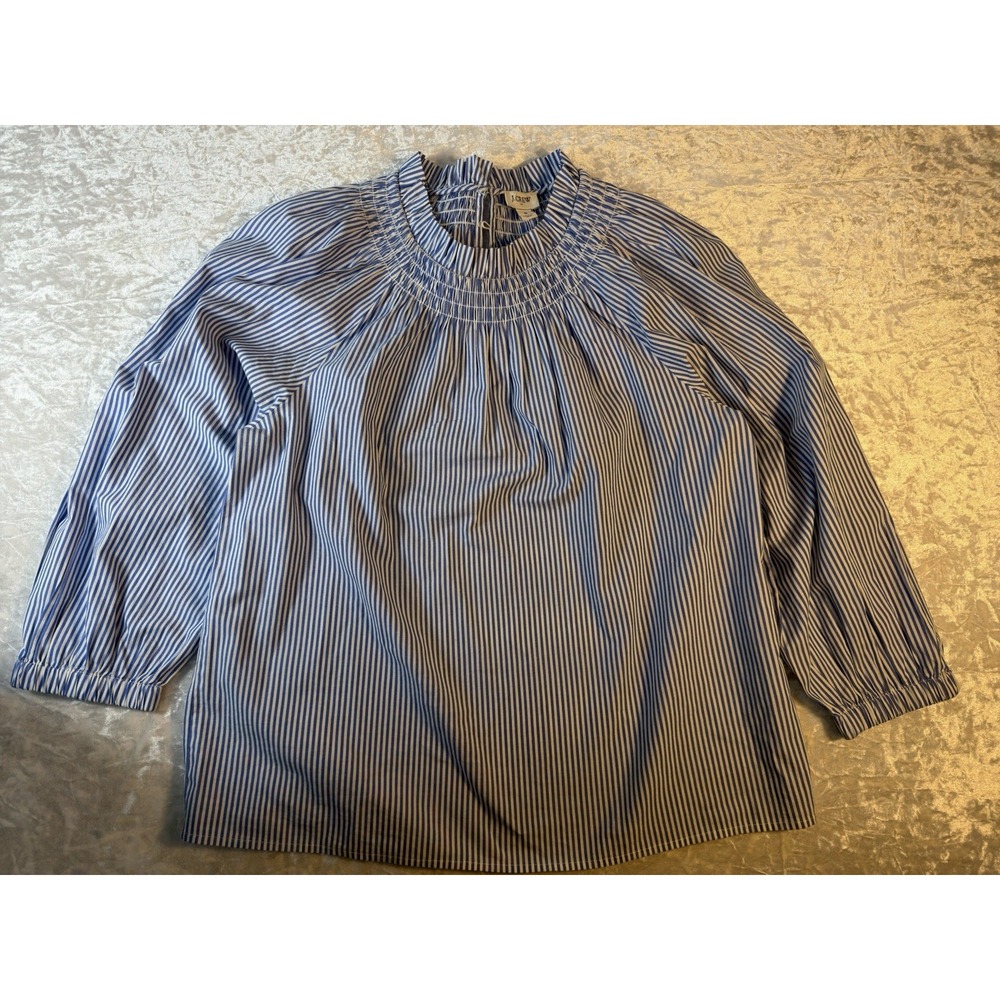J.Crew Blouse Womens S Blue White Stripe Smocked Neck 3/4 Sleeve Cotton Top